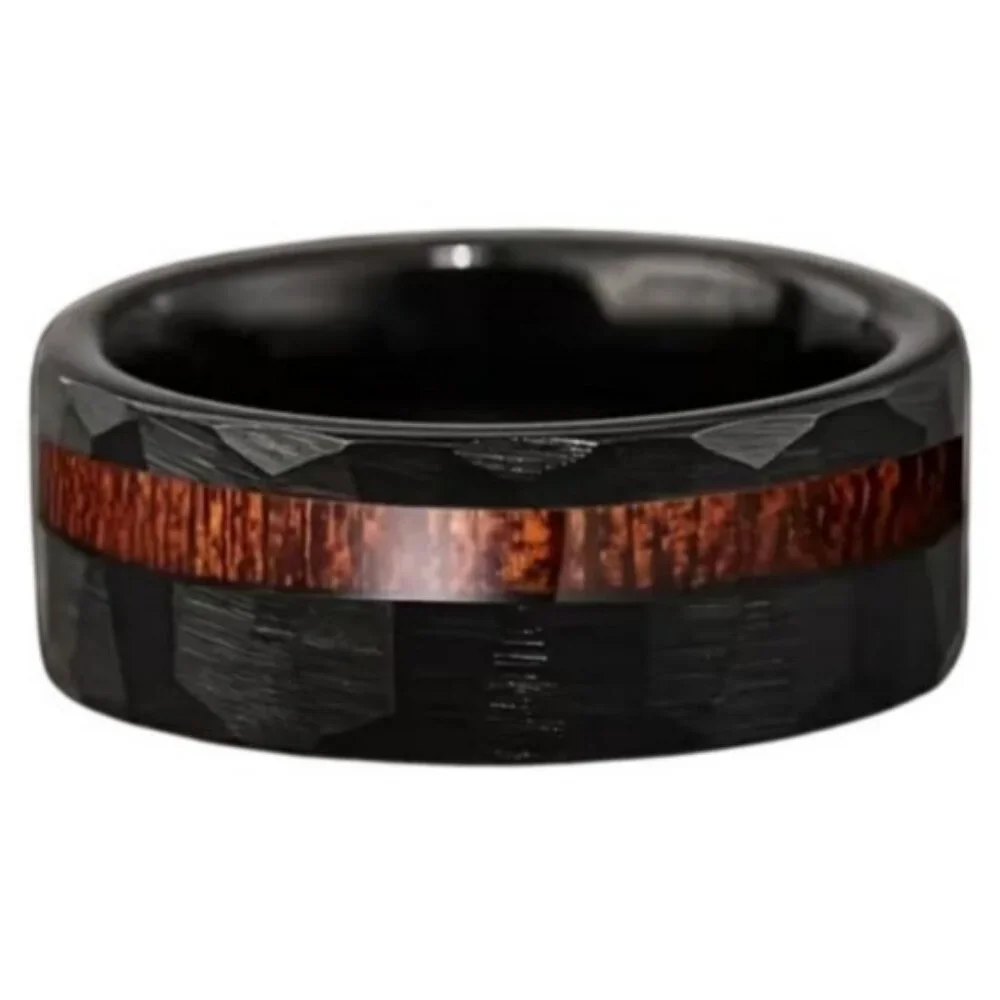 Hammered Tungsten Carbide Koa Wood Inlay Channel Wedding engagement ring